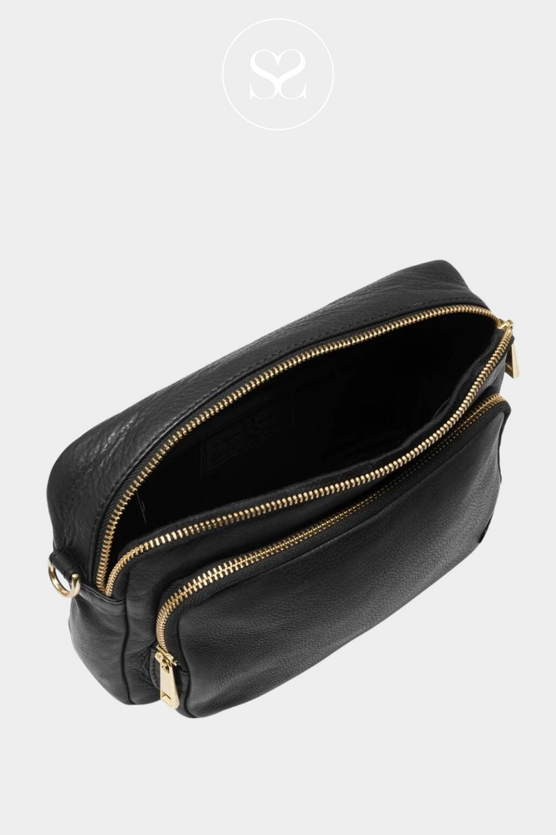 DEPECHE 14132 CROSSBODY BLACK LEATHER BAG WITH FRONT POCKET AND GOLD HARDWARE