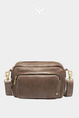 DEPECHE 141432 TAUPE BROWN LEATHER BAG WITH FRONT POCKET AND GOLD HARDWARE.