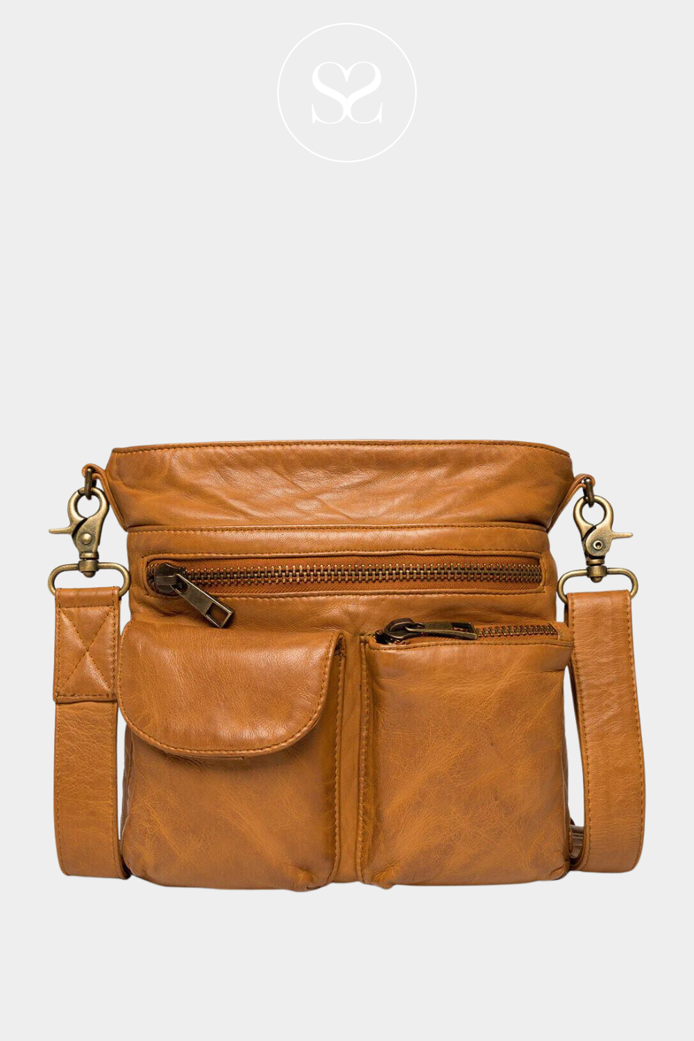 DEPECHE 15350 TAN LEATHER CROSSBODY BAG WITH ADJUSTABLE STRAP AND MULTIPLE ZIPPED POCKETS AND FRONT POCKETS FOR YOUR PHONE AND KEYS