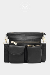 DEPECHE 15350 BLACK LEATHER CROSSBODY BAG WITH FRONT POCKETS , ZIPPED POCKETS AND GOLD HARDWARE AND AN ADJUSTABLE LONG STRAP