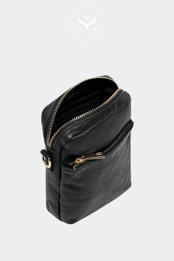 DEPECHE 15700 BLACK LEATHER PHONEBAG WITH GOLD HARDWARE AND SMALL FRONT POCKET