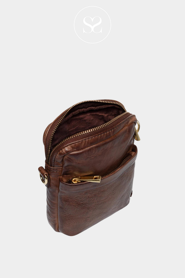 DEPECHE 15700 BROWN LEATHER PHONEBAG CROSSBODY BAG WITH SMALL FRONT POCKET AND ADJUSTABLE BAG STRAP