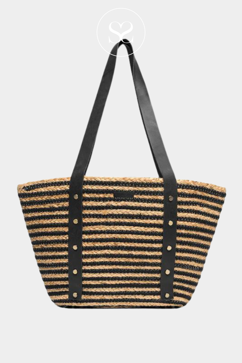 DEPECHE 16096 BLACK AND NATURAL  STRIPE SHOPPER/BEACH BAG WITH LEATHER STRAP