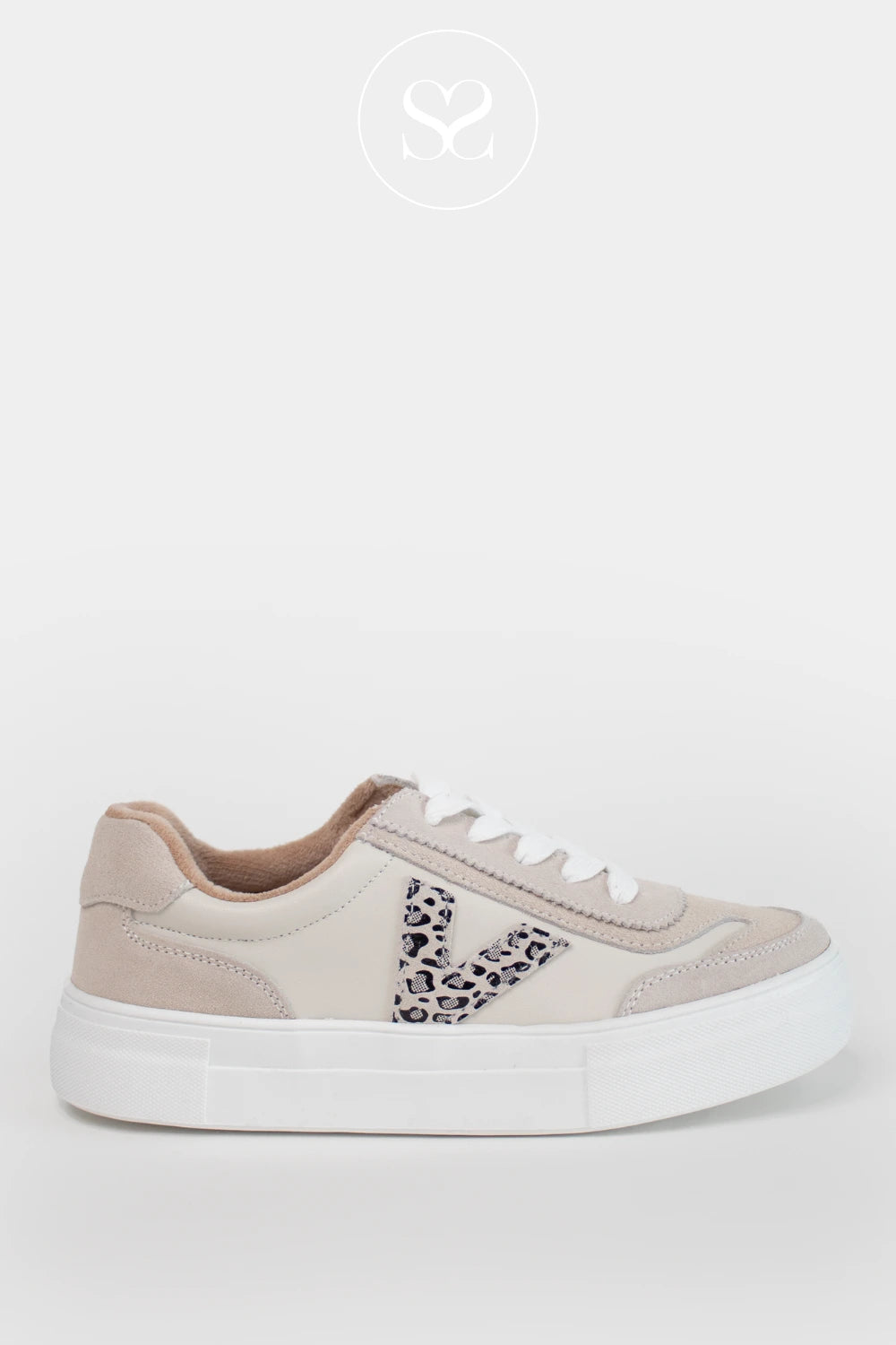 DRILLEYS CHEETAH (CHEETAH VANILLA) FLATFORM LACE UP TRAINERS EIGHTY MADE FROM VEGAN LEATHER LIGHTWEIGHT COMFORT EVERYDAY SNEAKER WITH CUSHIONED REMOVABLE INSOLE AND SIGNATURE "V" LOGO DESIGN IN CHIC CHEETAH PRINT