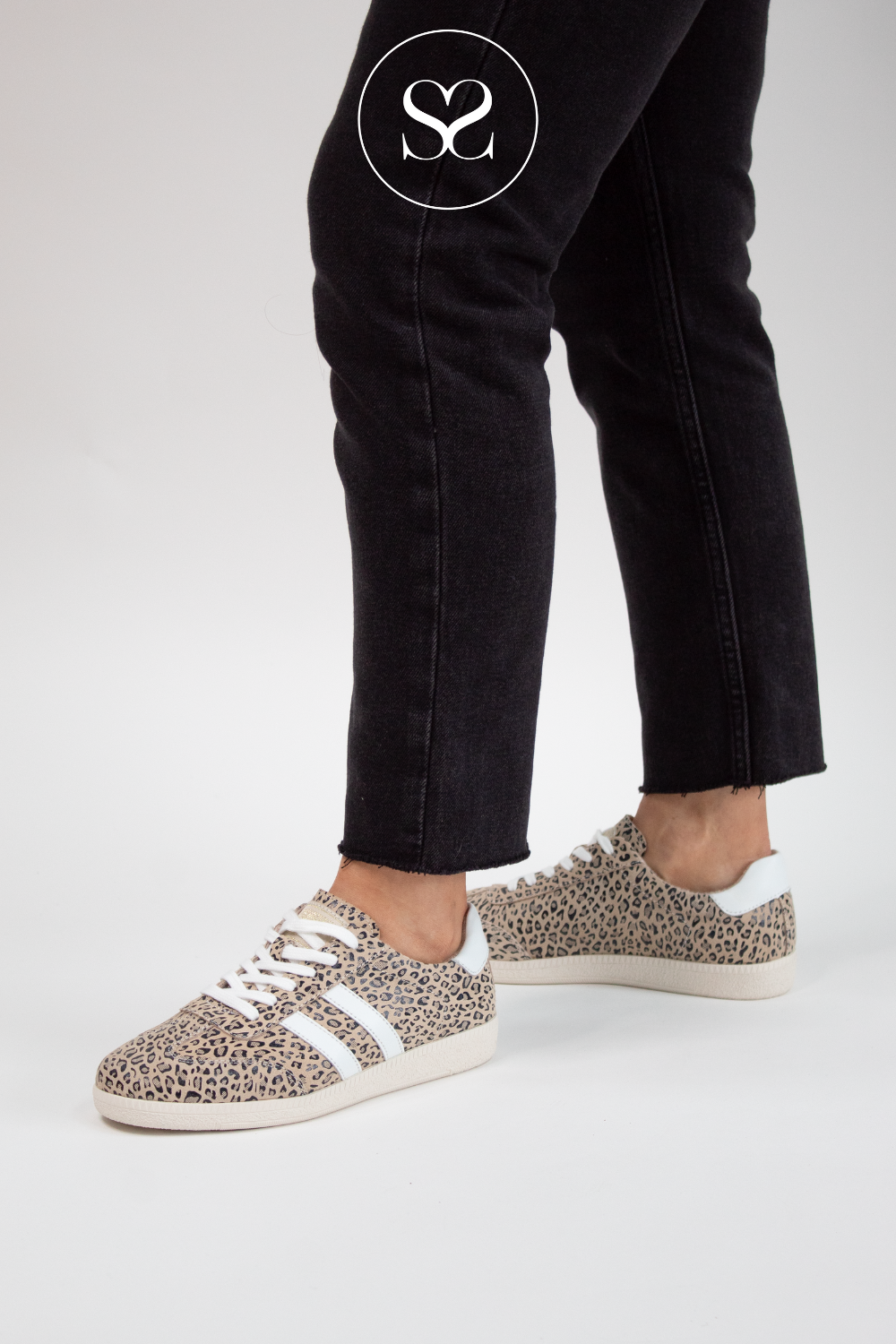 DRILLEYS FIFTY THREE LEOPARD ANIMAL PRINT FLAT TRAINERS WITH WHITE STRIPES AND LACES
