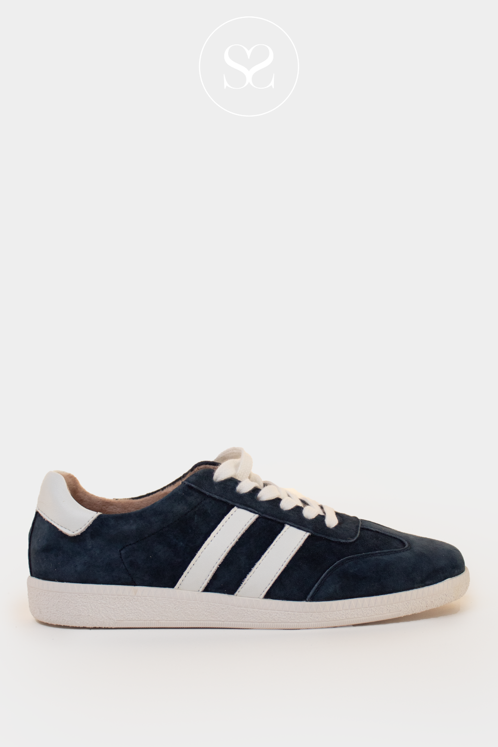 DRILLEYS FIFTY THREE NAVY SUEDE FLAT SLIMLINE FASHION TRAINERS WITH WHITE STRIPES AND LACES
