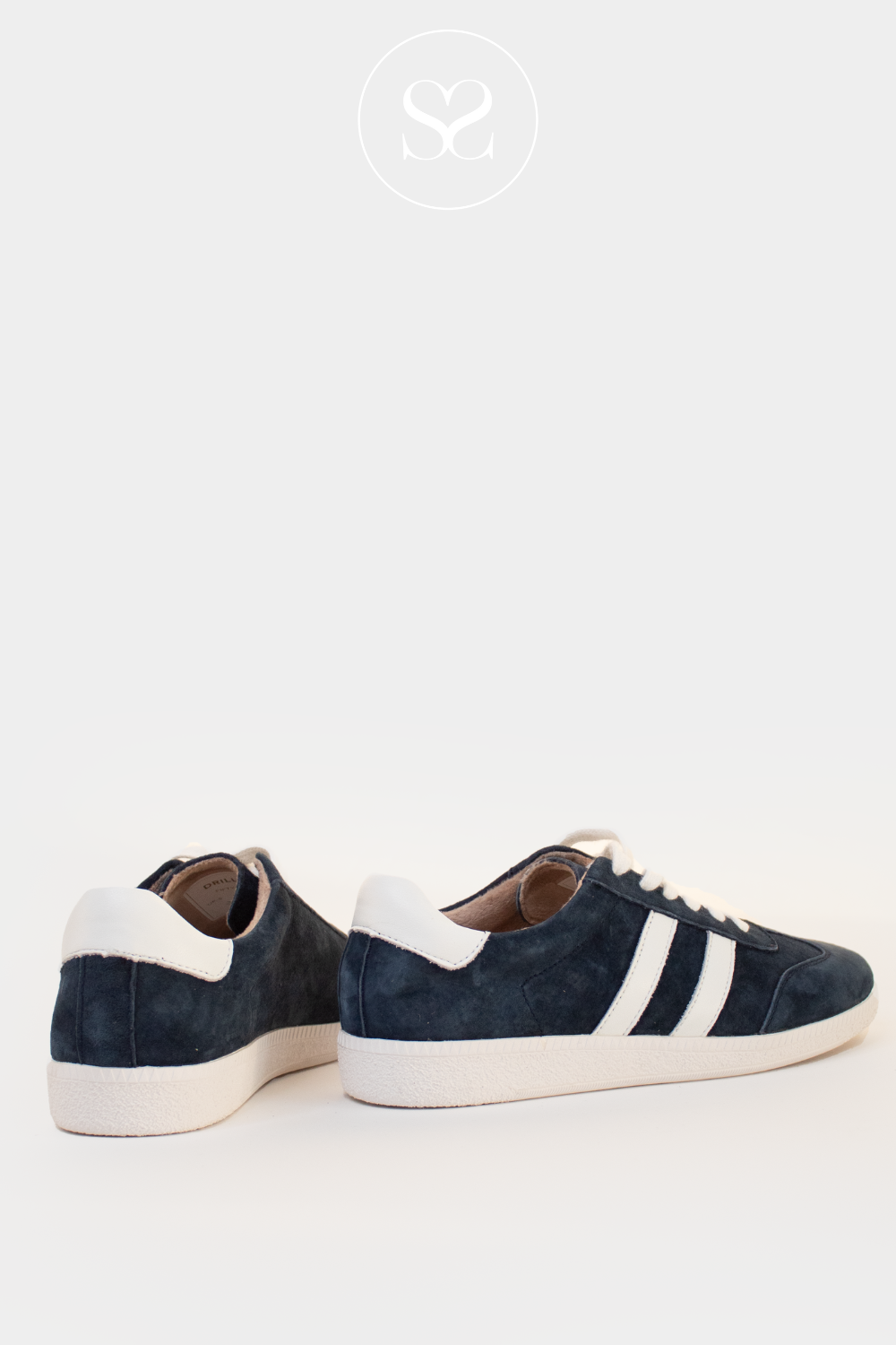 DRILLEYS FIFTY THREE NAVY SUEDE FLAT SLIMLINE FASHION TRAINERS WITH WHITE STRIPES AND LACES