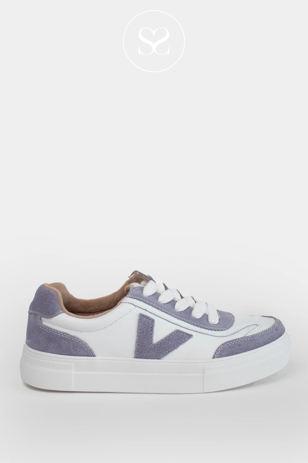 DRILLEYS LILAC (MYSTIC CRYSTAL)  EIGHTY FLATFORM WHITE LACE UP TRAINERS WITH LILAC SUEDE DETAILING 