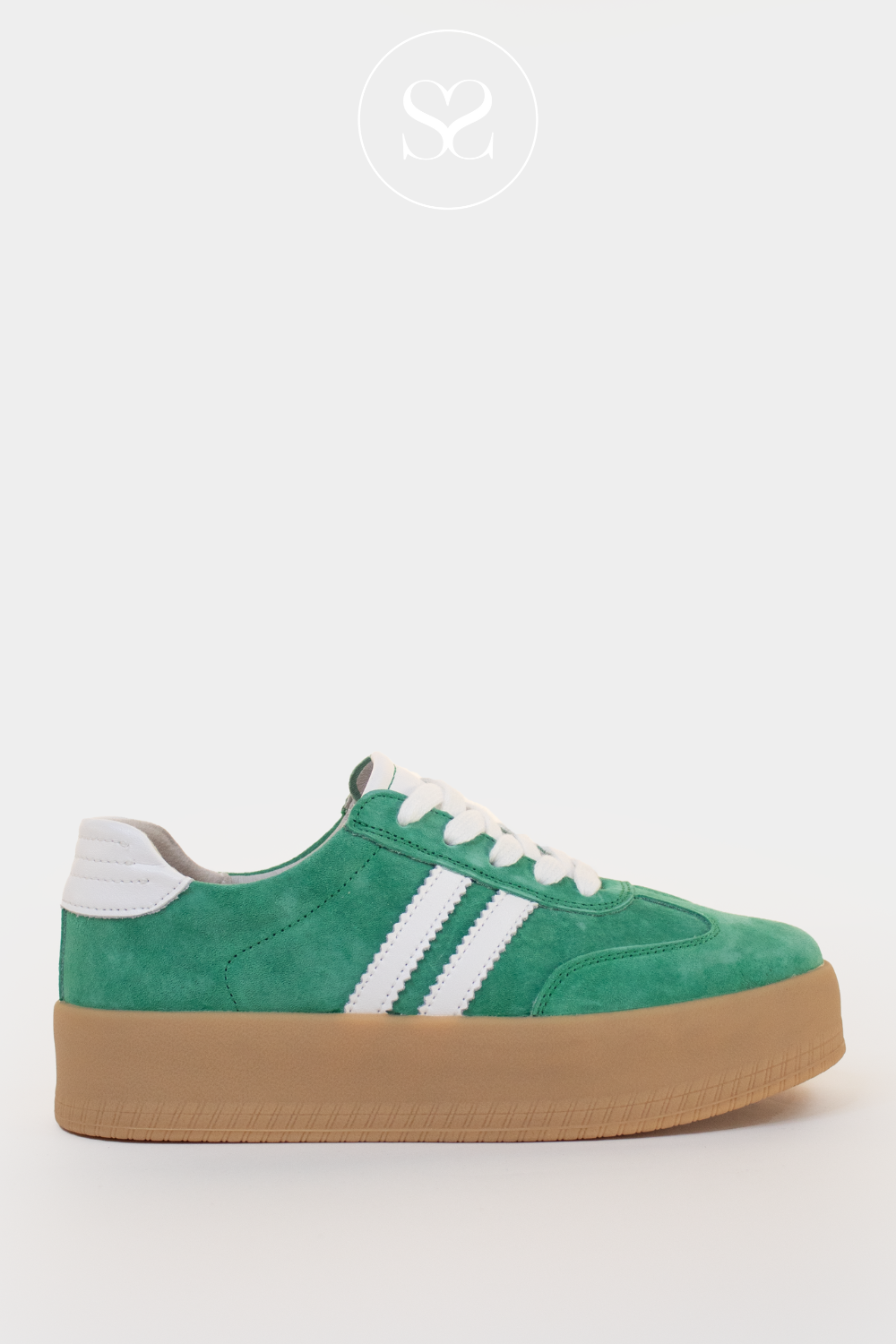 DRILLEYS SEVENTY EIGHT GREEN SUEDE FASHION TRAINER WITH WHITE STRIPES AND CARAMEL FLATFORM 
SOLE
