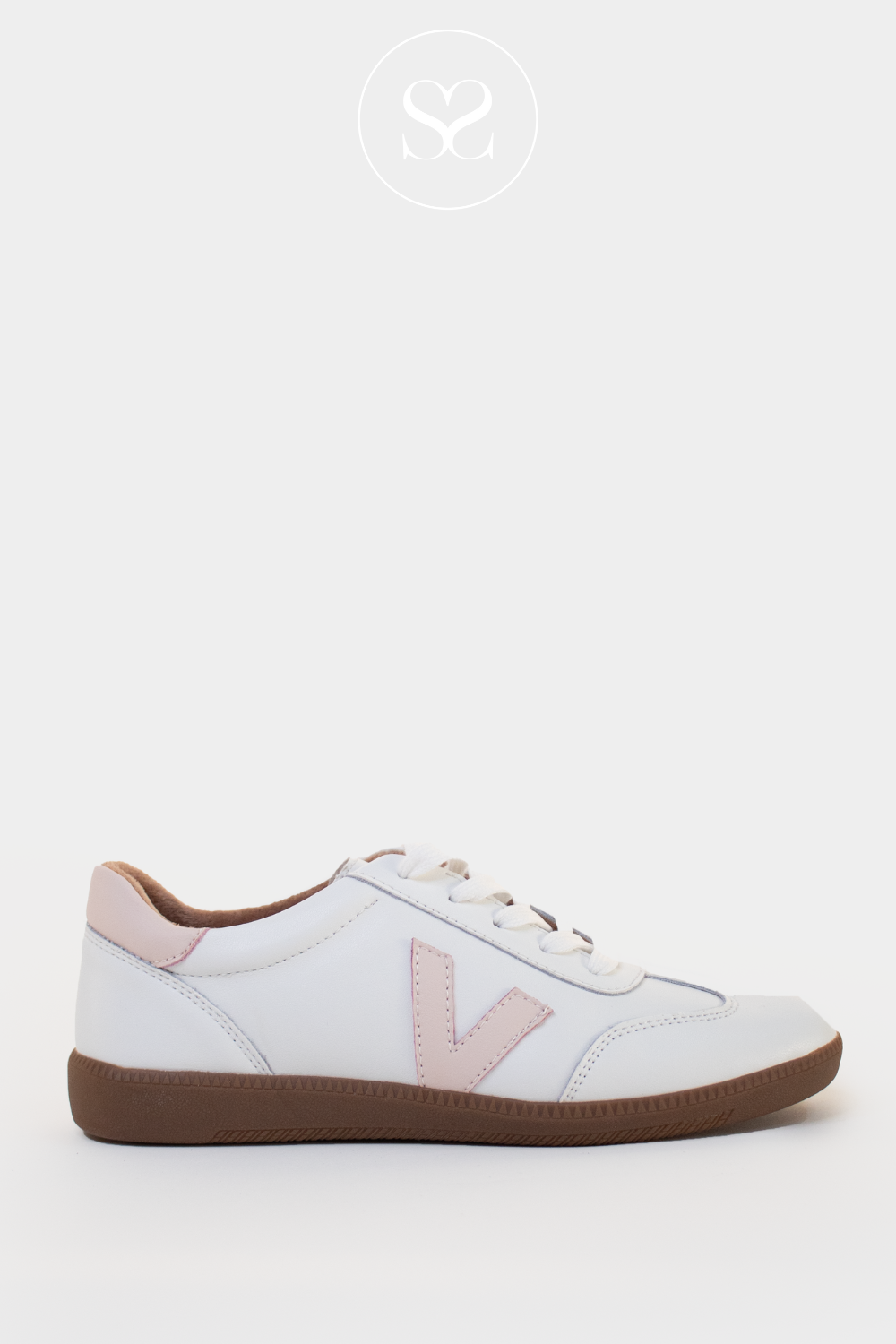 DRILLEYS SEVENTY WHITE LOW PROFILE TRAINERS WITH CARAMEL SOLE AND PALE PINK V SIDE DESIGN
