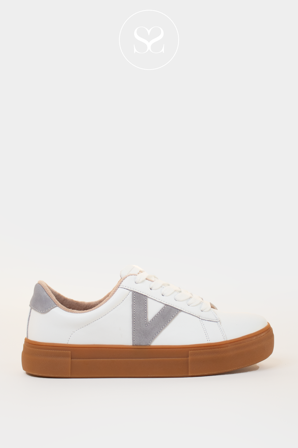 DRILLEYS TWENTY ONE WHITE PLATFORM TRAINERS WITH GREY SUEDE V AND CARAMEL SOLE