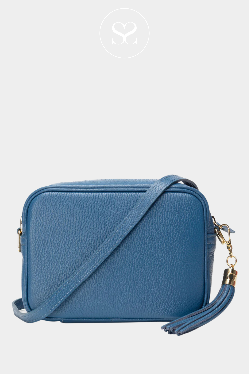 ELIE BEAUMONT DENIM BLUE LEATHER CROSSBODY BAG WITH THIN LEATHER STRAP AND TASSEL AND GOLD ZIP