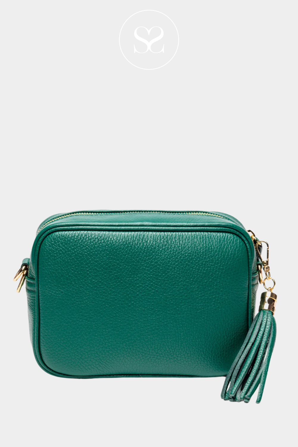 ELIE BEAUMONT PEACOCK GREEN LEATHER SMALL CROSSBODY BAG WITH TASSEL, LONG STRAP AND GOLD ZIP