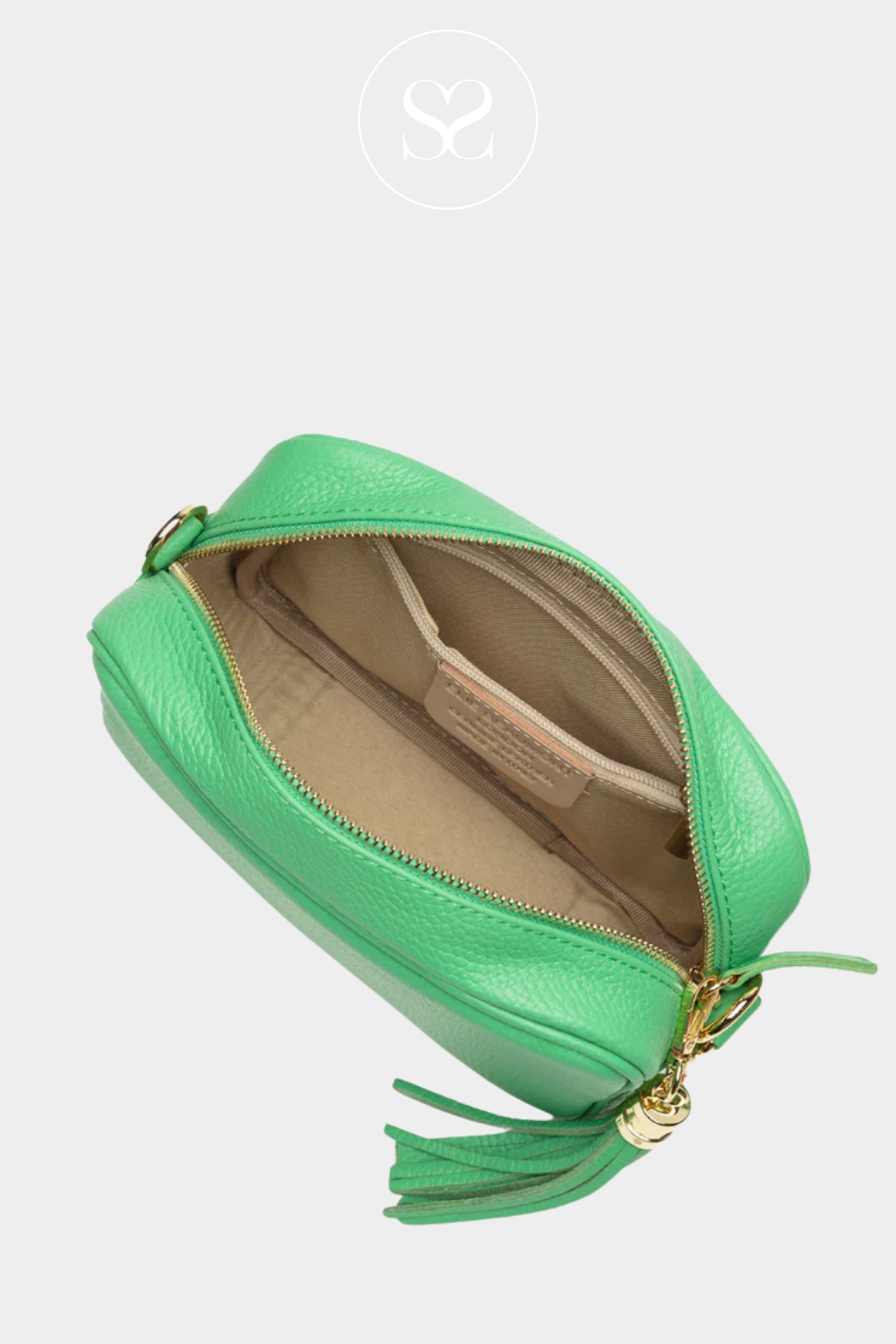 ELIE BEAUMONT LIGHT GREEN LEATHER CROSSBODY BAG WITH TASSEL AND LONG THIN LEATHER CROSSBODY STRAP. GOLD ZIP AND DEEP POCKET