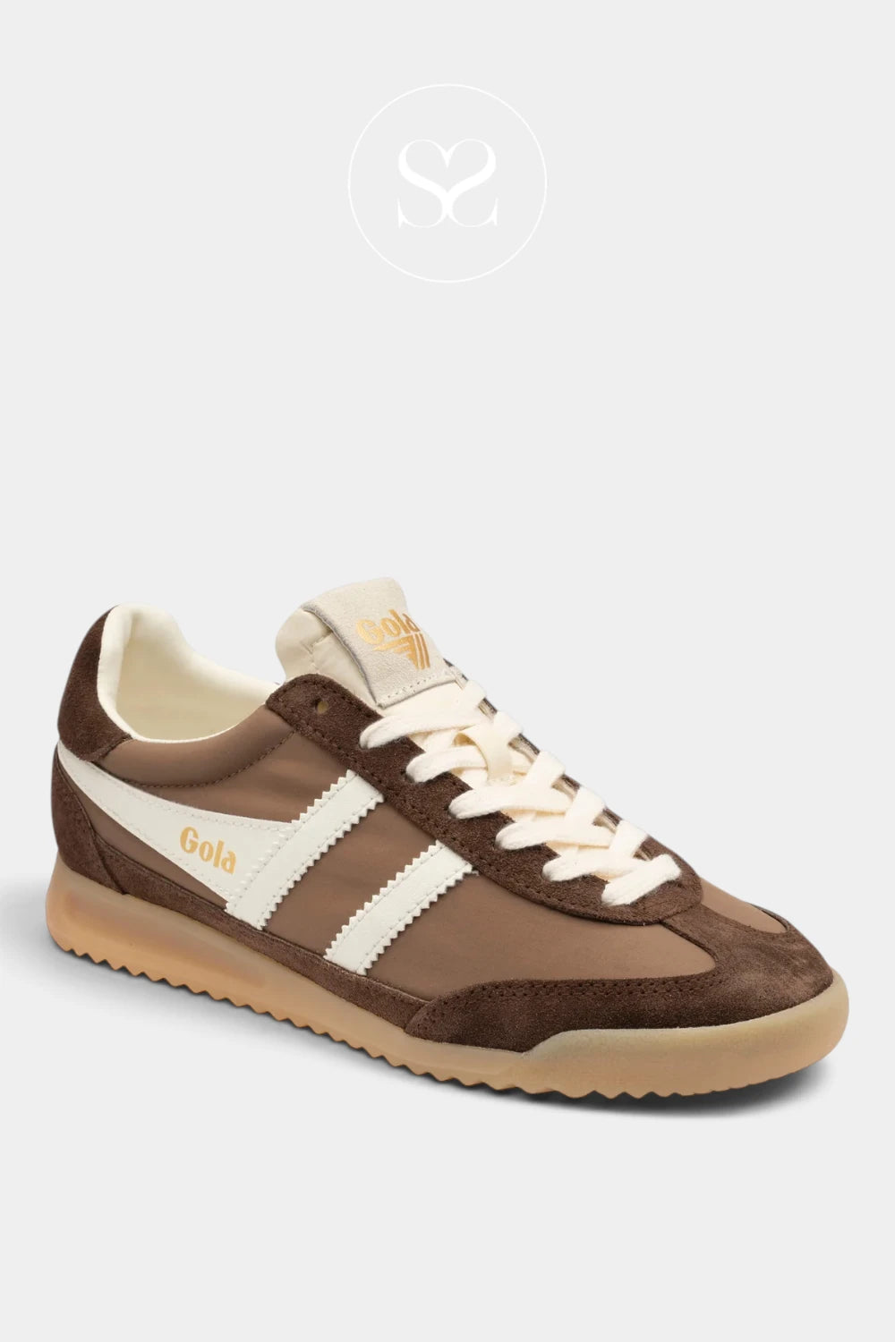 A brown suede and mesh low-top sneaker with cream side stripes, cream laces, a cream tongue, and a gum sole. The word 'Gola' is printed in gold on the side.