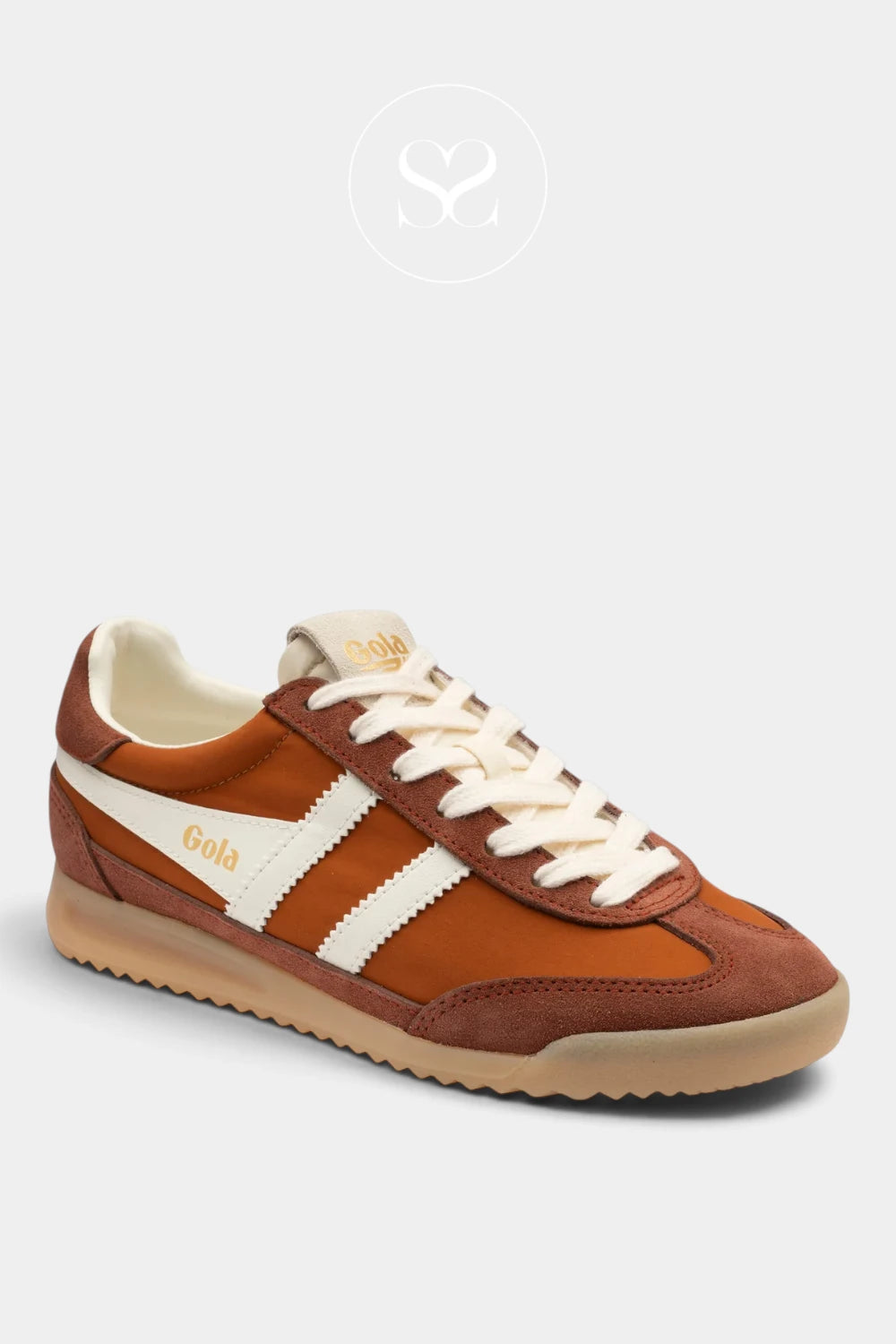 A brown suede and canvas low-top sneaker with cream laces, a cream side stripe, and a beige gum sole, shown on a light gray background.