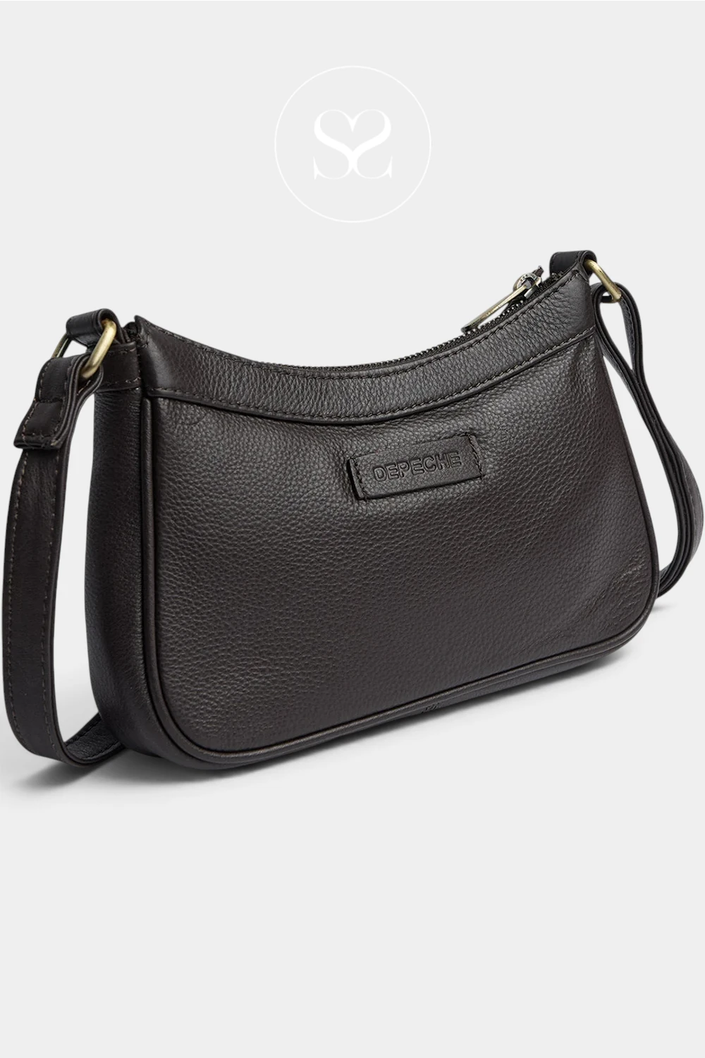 Depeche Chocolate Brown Leather Crossbody Bag with Brass Hardware — 17446