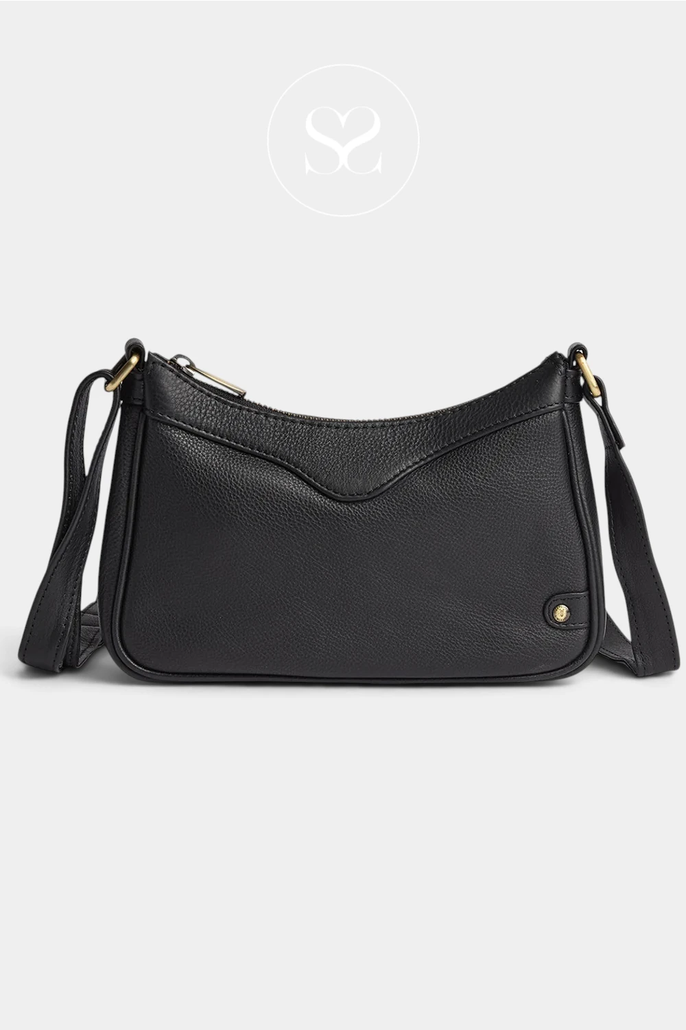 A black pebbled leather crescent-shaped shoulder bag with gold-tone hardware, shown against a light gray background with a faint circular logo above.