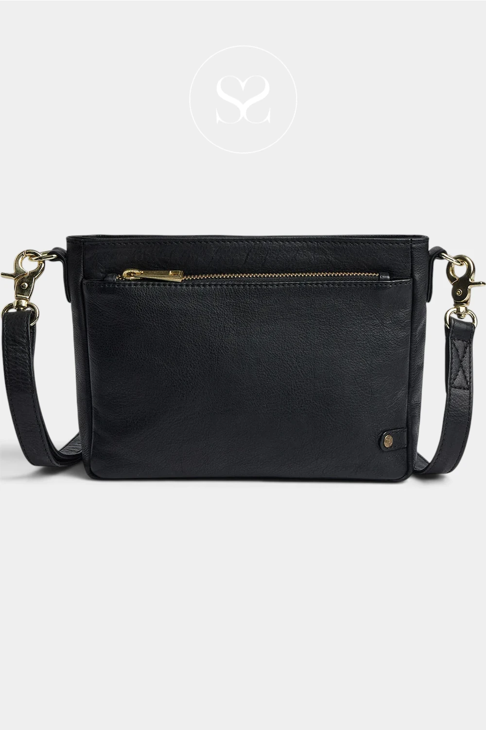 A black faux-leather crossbody bag with a front zippered pocket and gold-tone hardware, shown against a light gray background with a faint watermark logo at the top.