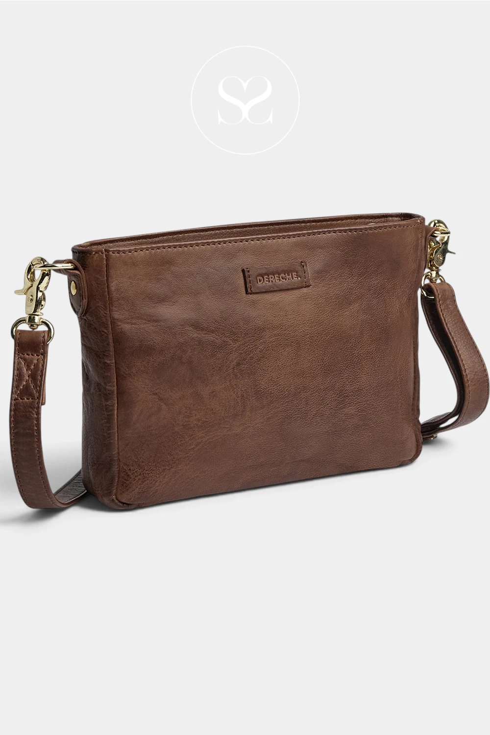 A brown leather crossbody bag with gold-tone hardware, shown on a light gray background with a faint circular logo watermark above it.