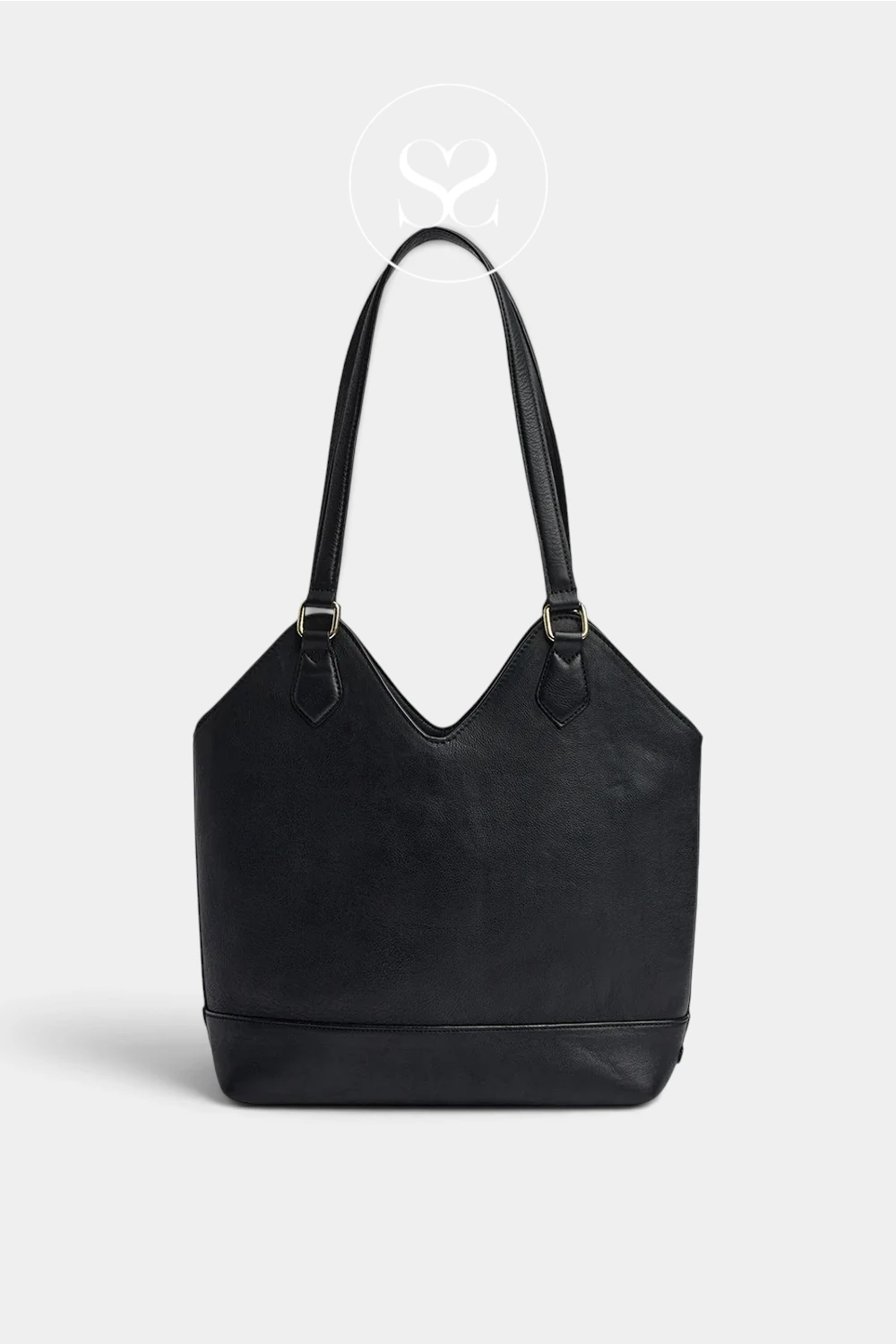 A black leather tote bag with a V-shaped top and double shoulder straps, shown against a light gray background with a faint circular logo watermark above it.