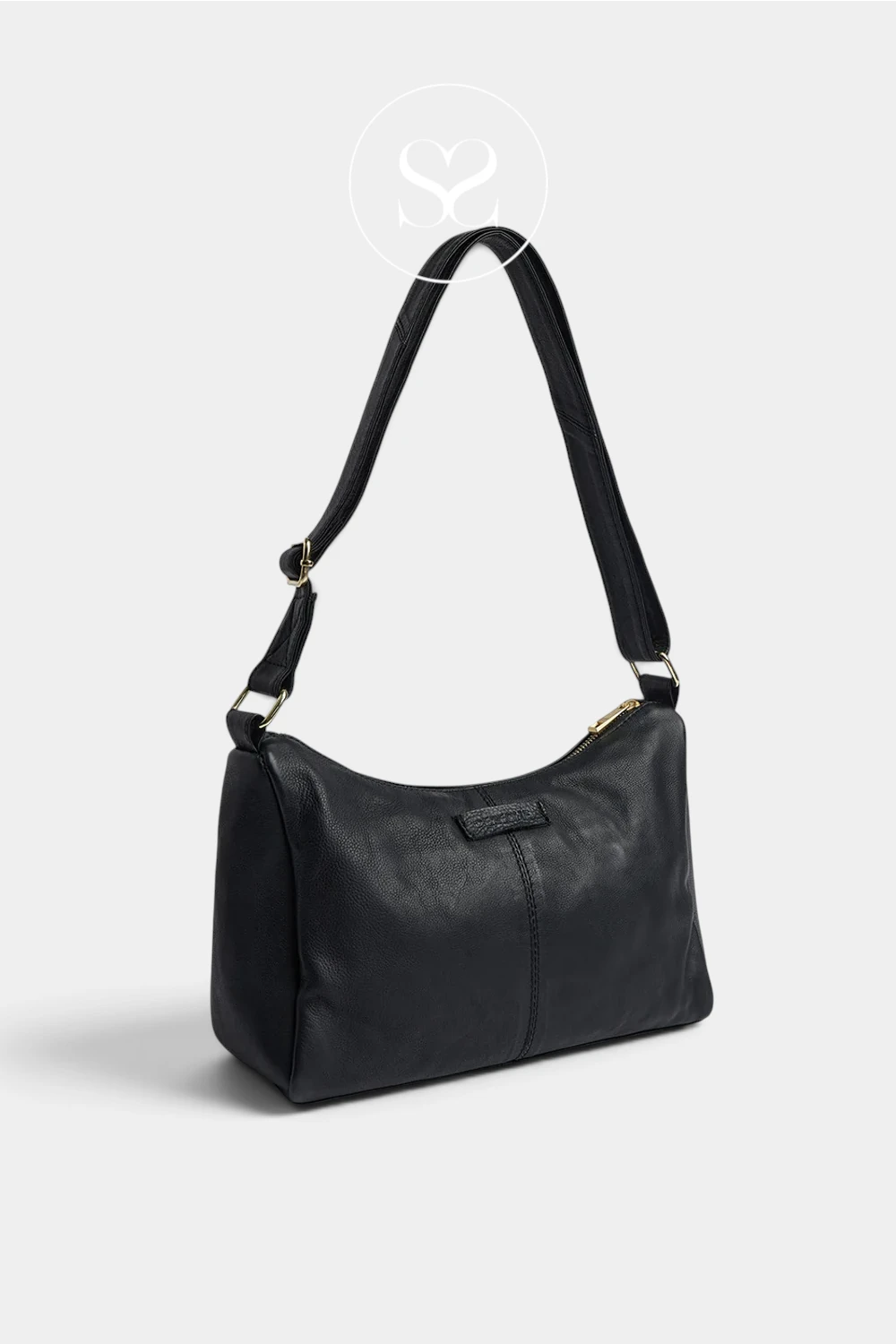 A black leather shoulder bag with a long adjustable strap and gold-tone hardware, shown on a light gray background with a faint logo watermark above it.