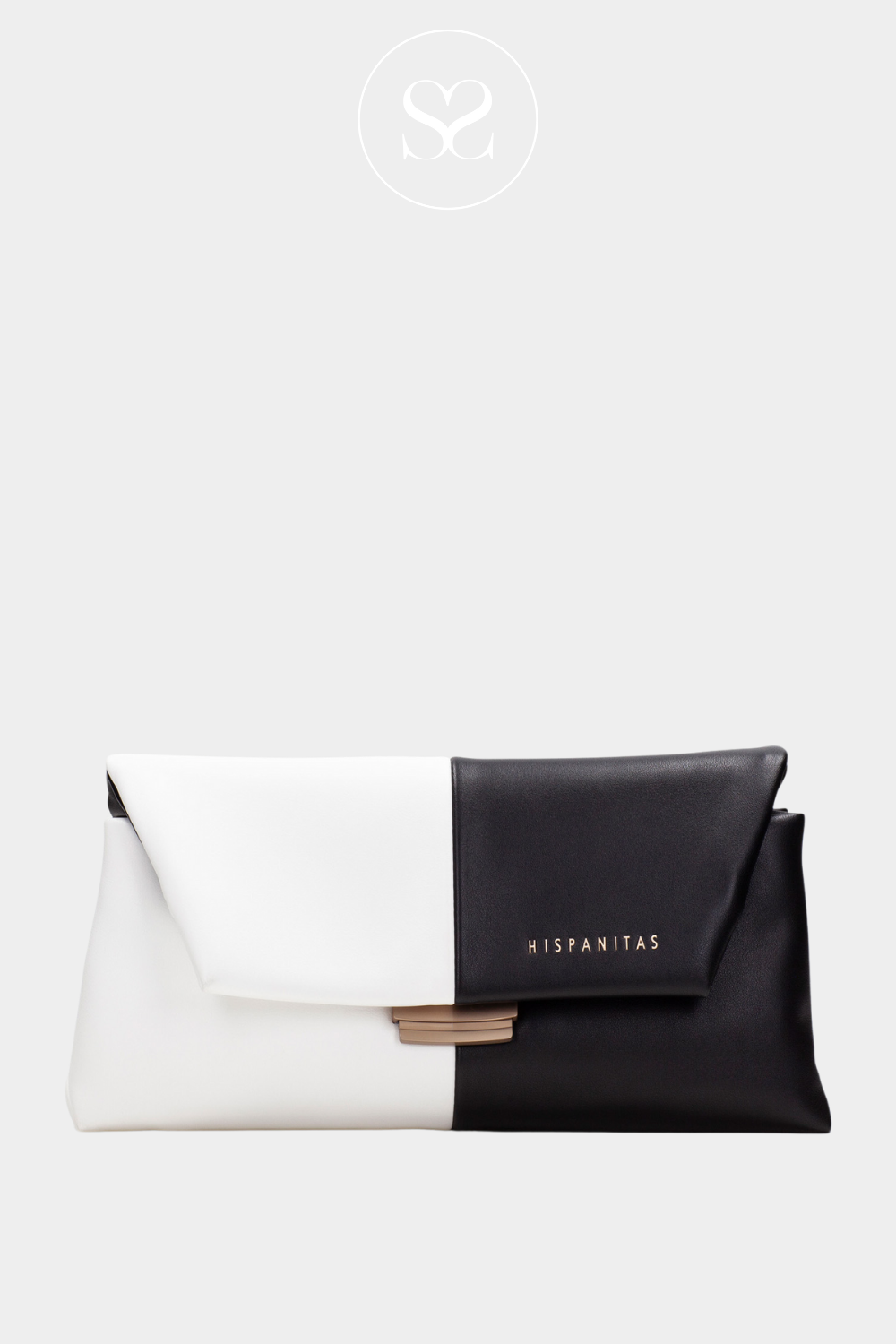 HISPANITAS BV253978 BLACK AND WHITE MONOCHROME ENVELOPE STYLE CLUTCH BAG WITH LONG GOLD CHAIN STRAP