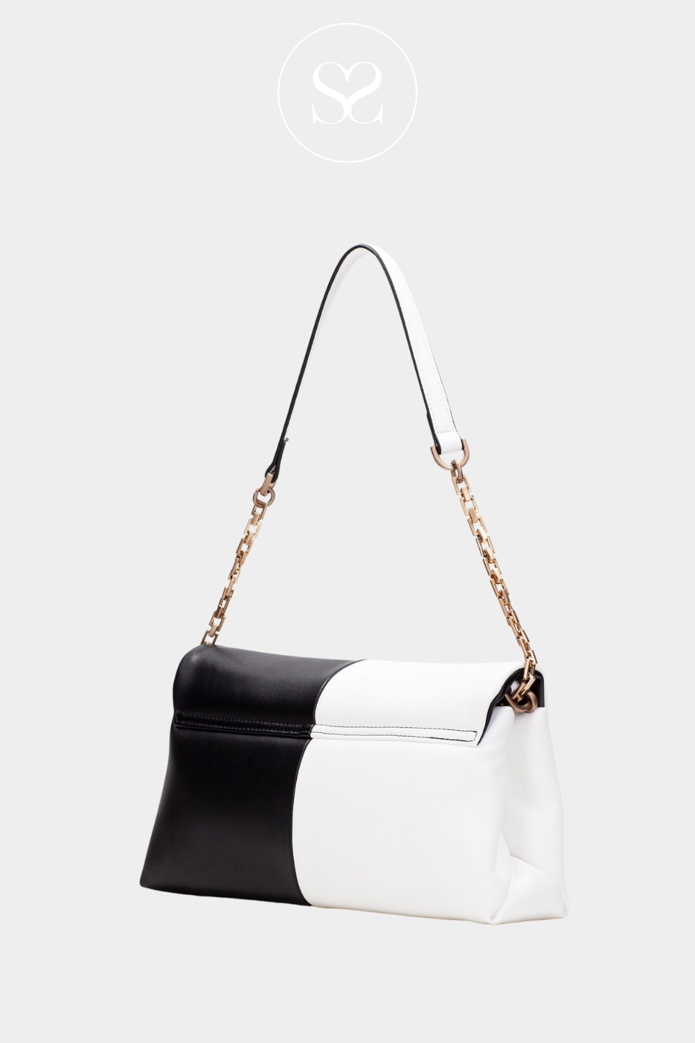 HISPANITAS BV253978 BLACK AND WHITE MONOCHROME ENVELOPE STYLE CLUTCH BAG WITH LONG GOLD CHAIN STRAP