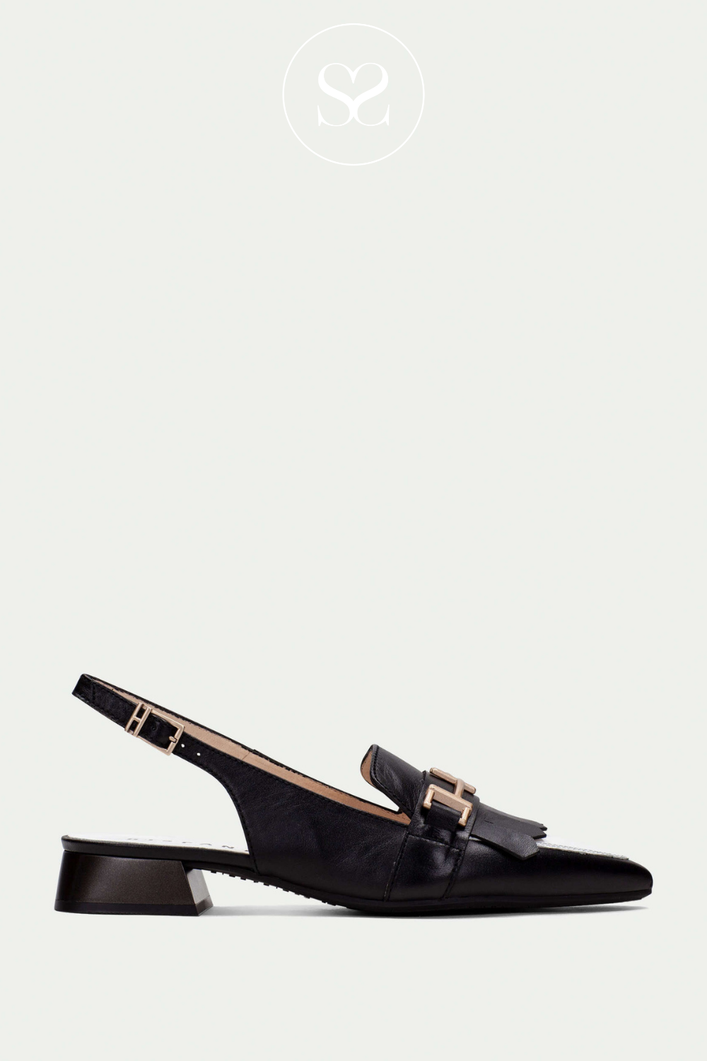 HISPANITAS CHV253817 BLACK AND WHITE POINTED TOE SLINGBACK LOW HEELED PUMPS WITH ADJUSTABLE STRAP, GOLD BUCKLE AND FRINGING