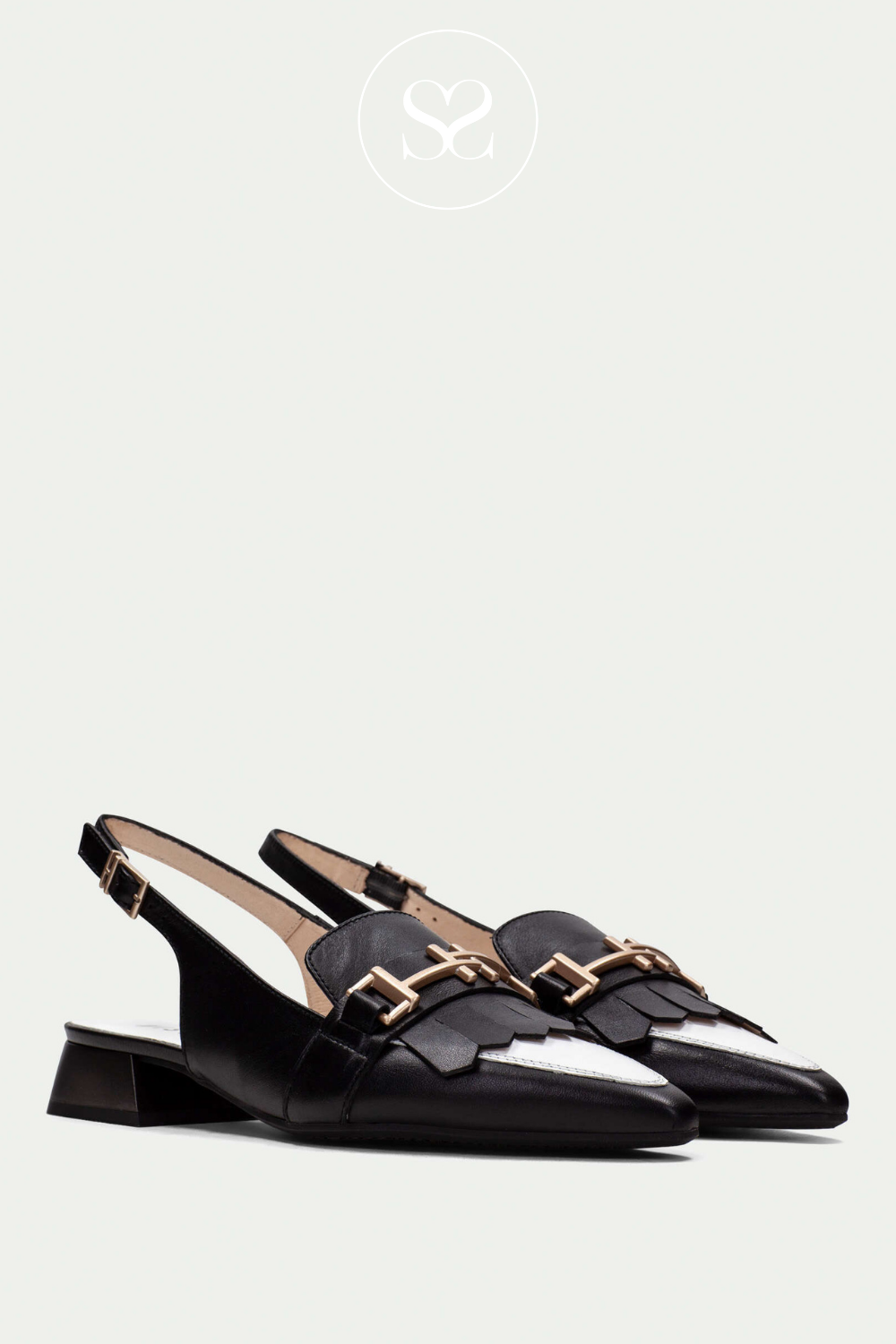 HISPANITAS CHV253817 BLACK AND WHITE POINTED TOE SLINGBACK LOW HEELED PUMPS WITH ADJUSTABLE STRAP, GOLD BUCKLE AND FRINGING