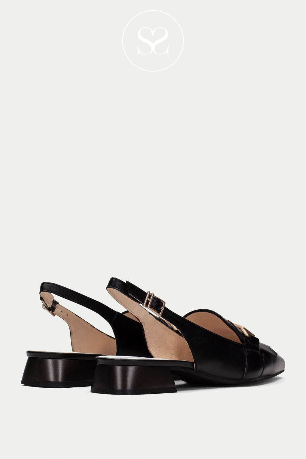 HISPANITAS CHV253817 BLACK AND WHITE POINTED TOE SLINGBACK LOW HEELED PUMPS WITH ADJUSTABLE STRAP, GOLD BUCKLE AND FRINGING