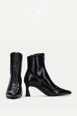 black pointed toe heeled boots in patent from hispanitas