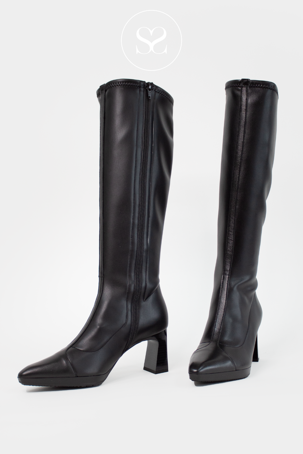 HISPANITAS HI243687 BLACK LEATHER BLOCK HEEL KNEE HIGH BOOTS