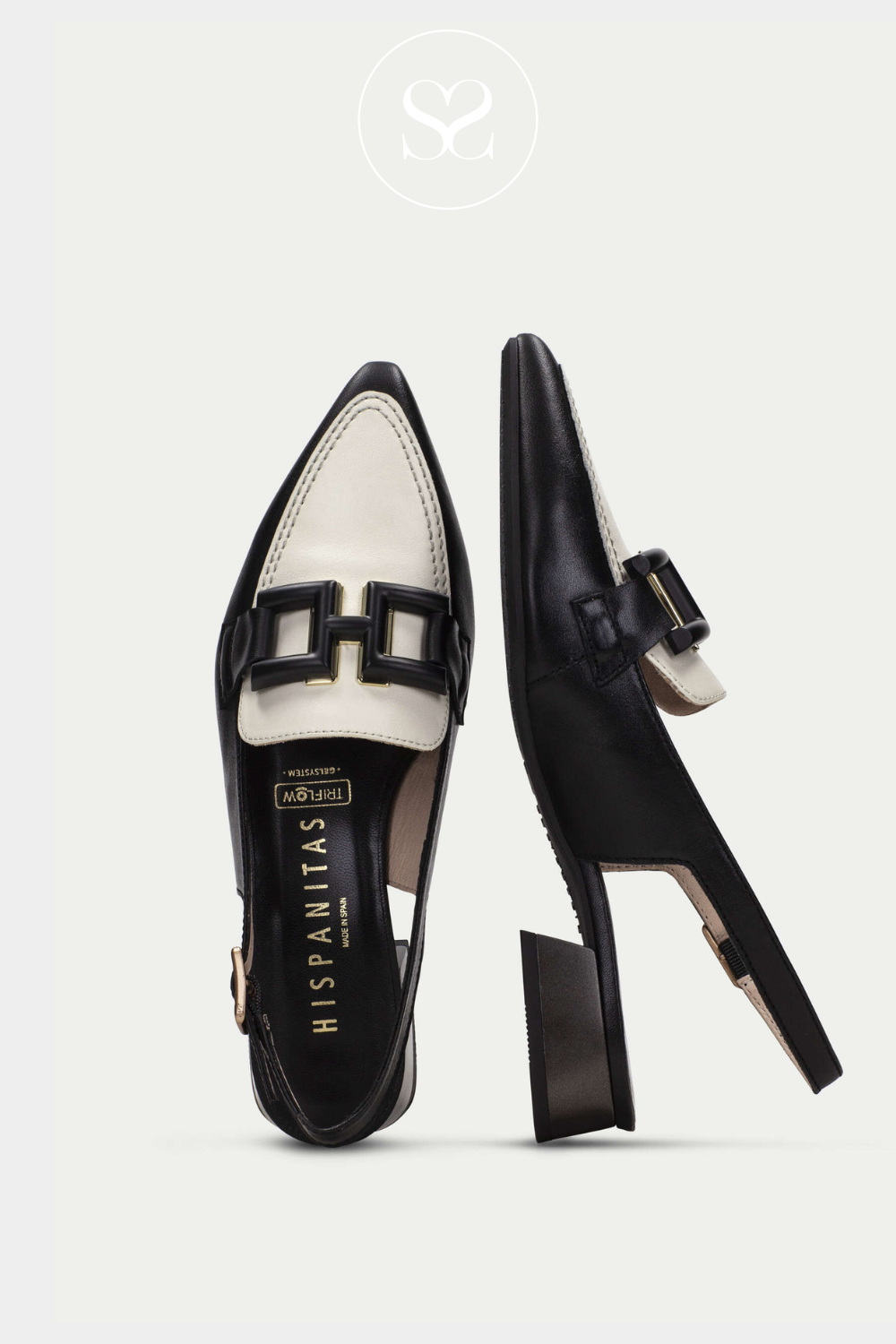 HISPANITAS HV243299 BLACK CREAM SLINGBACK LOAFERS WITH ADJUSTABLE BUCKLE AND SQUARE CHAIN DETAIL FEATURE ACROSS WIDTH OF FOOT. POINTED TOE