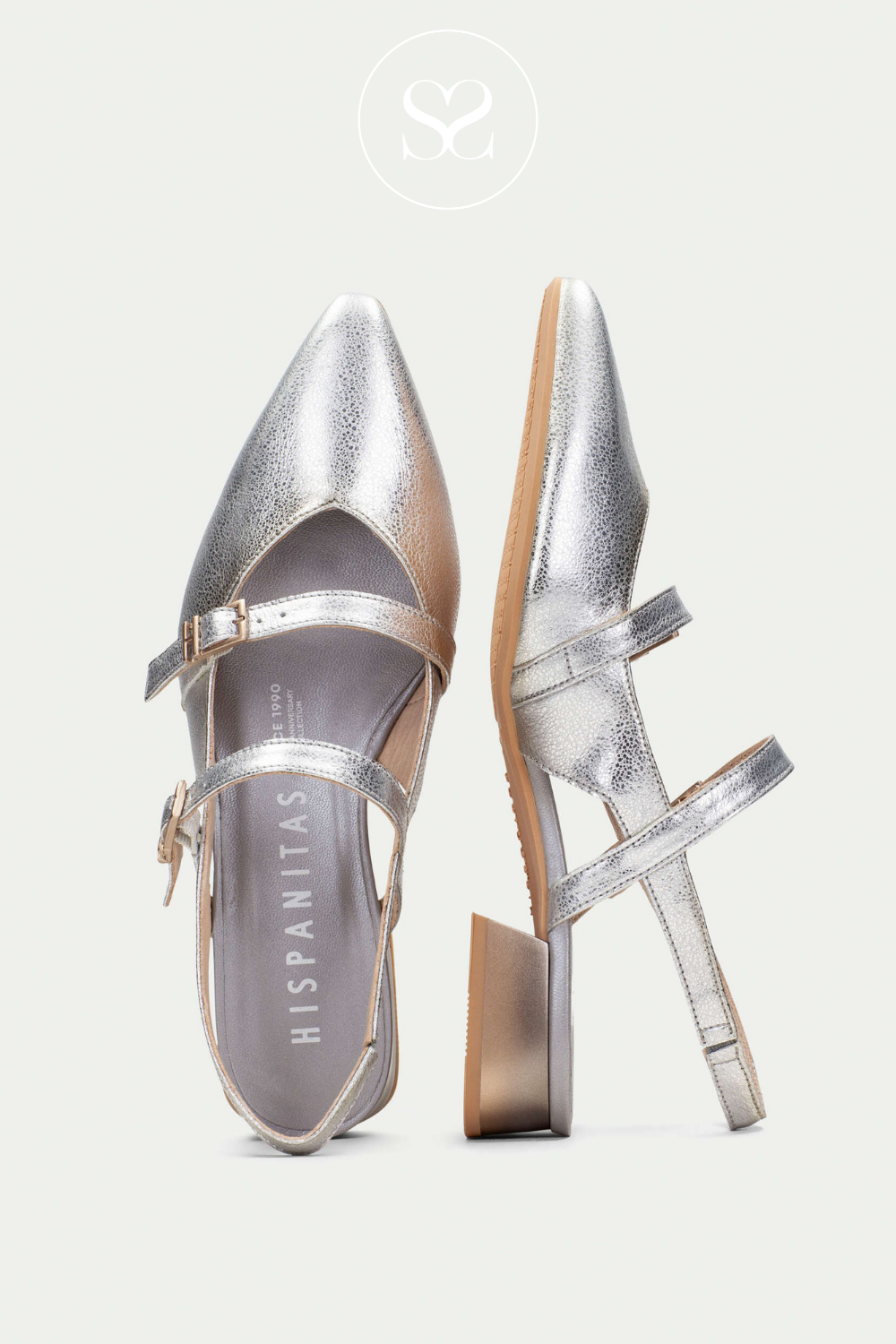 HISPANITAS HV253922 METALLIC SILVER POINTED TOE, LOW HEELED PUMPS WITH TWO ADJUSTALE STRAPS AND SLINGBACK