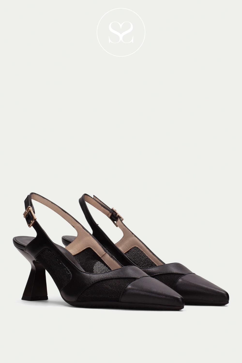 HISPANITAS HV254003 BLACK LEATHER AND MESH POINTED TOE SLINGBACK LOW HEELS