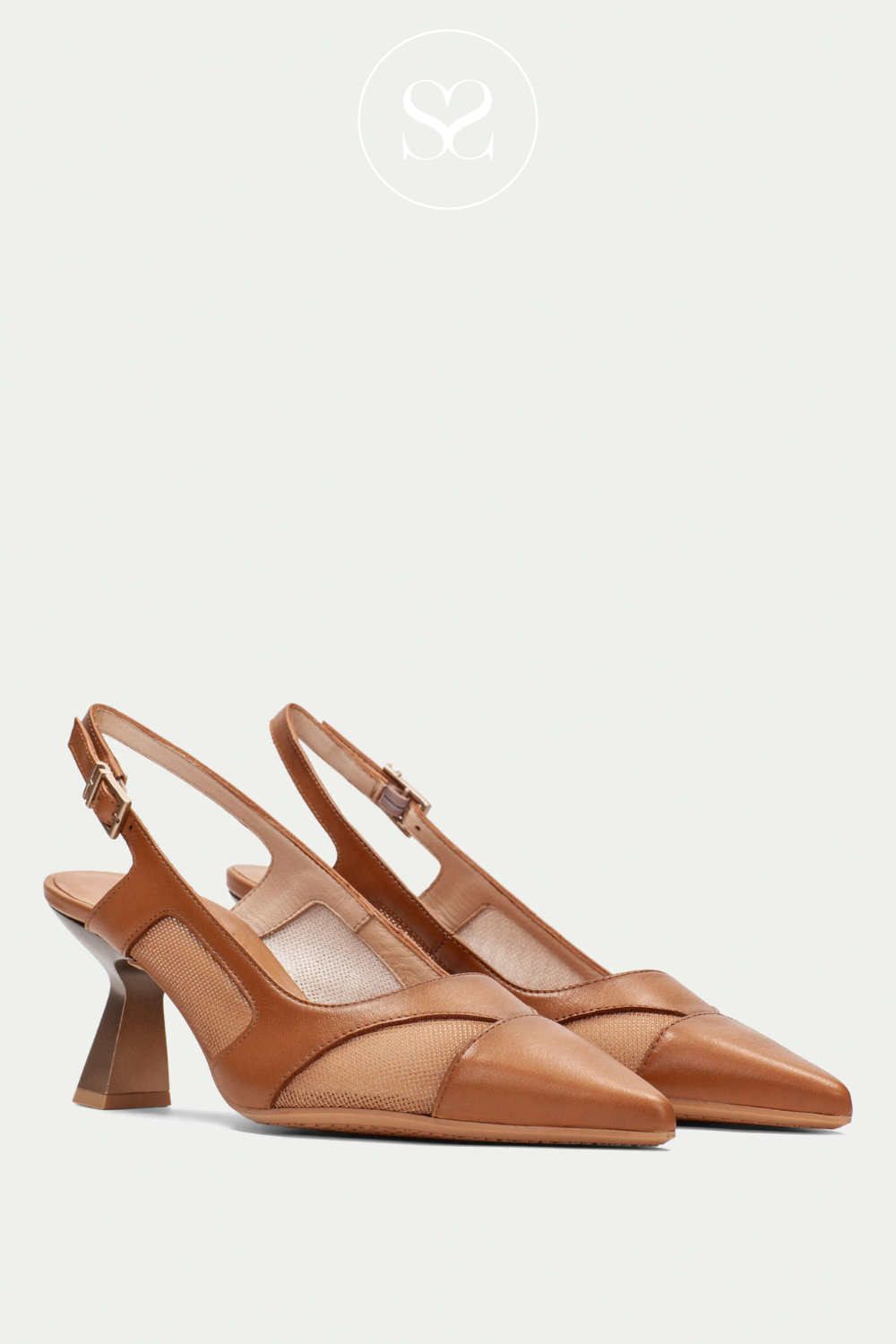 HISPANITAS HV254003 TAN LEATHER AND MESH POINTED TOE SLINGBACK LOW HEELS