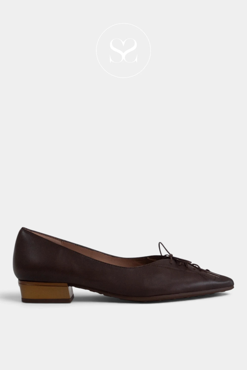 A Hispanitas dark brown leather pointed-toe flat shoe with a low block heel and delicate lace detail on the vamp, shown in profile against a light grey background.