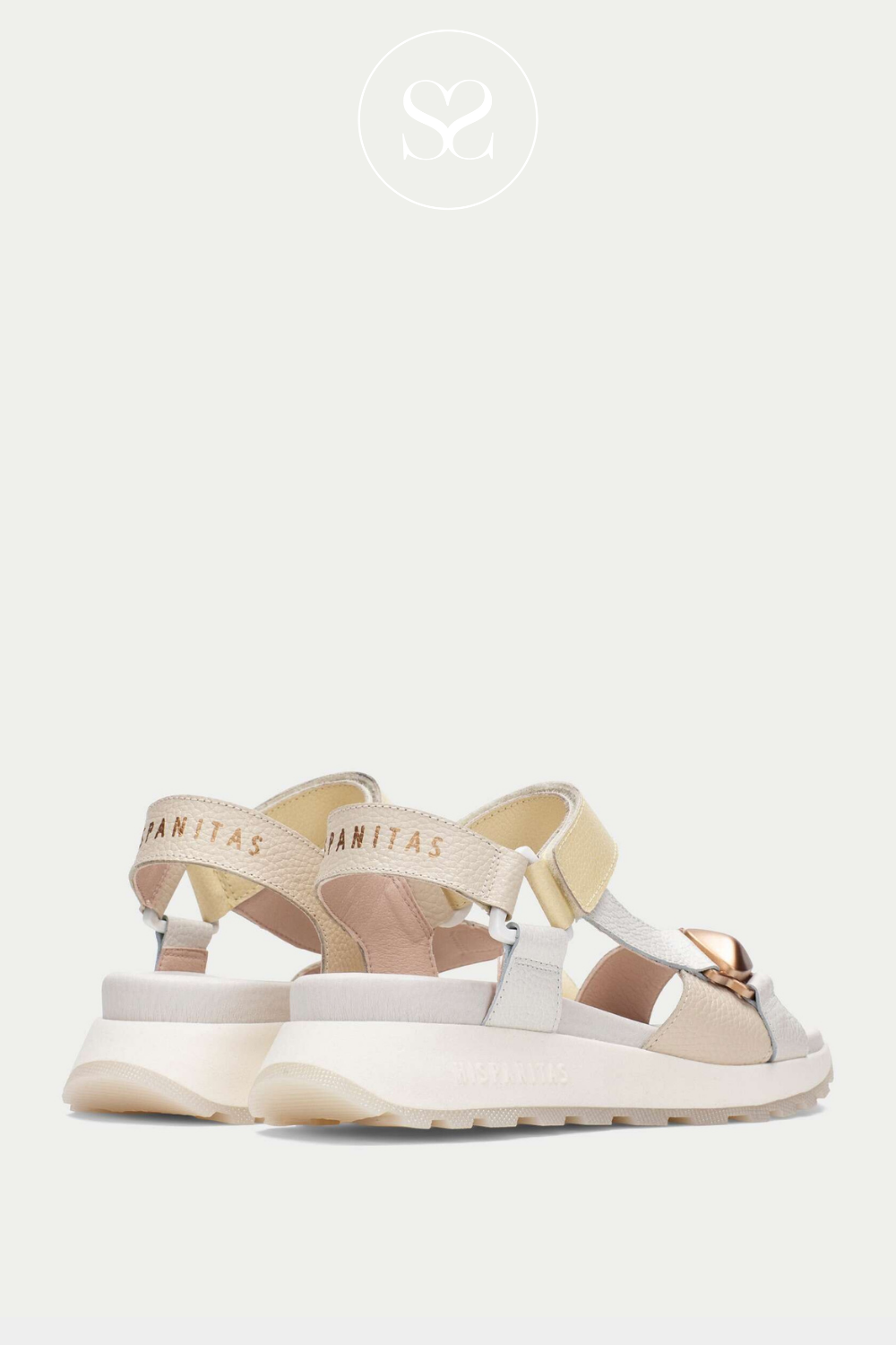 Hispanitas multicoloured sandals with slightly elevated sole. Velcro strap. Supportive sandals with studded detail across the toe strap