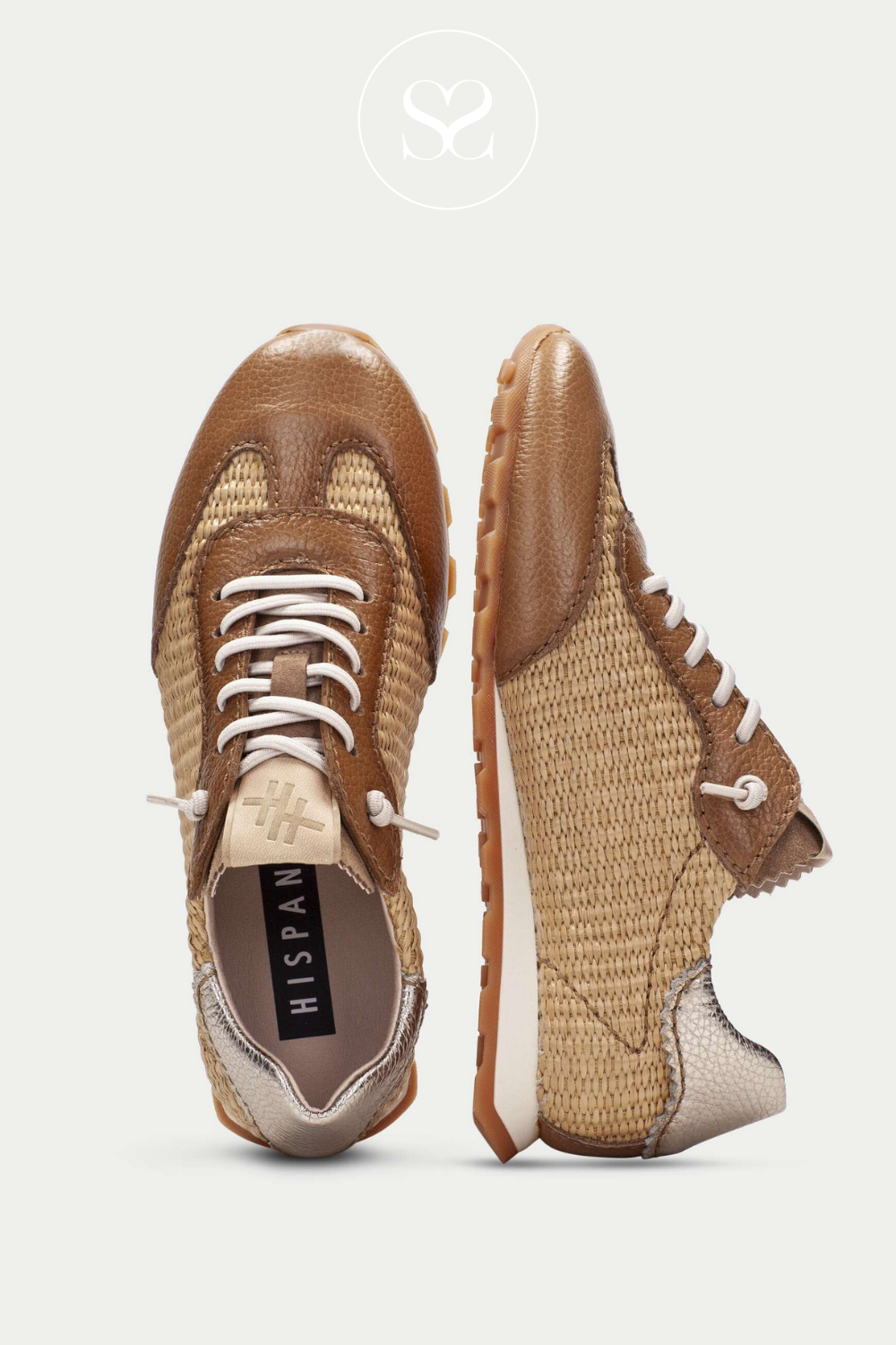 Hispanitas Spanish leather sneakers with tan toe cap and neutral woven sides. Elasticated sides and hispanitas logo on the tongue.