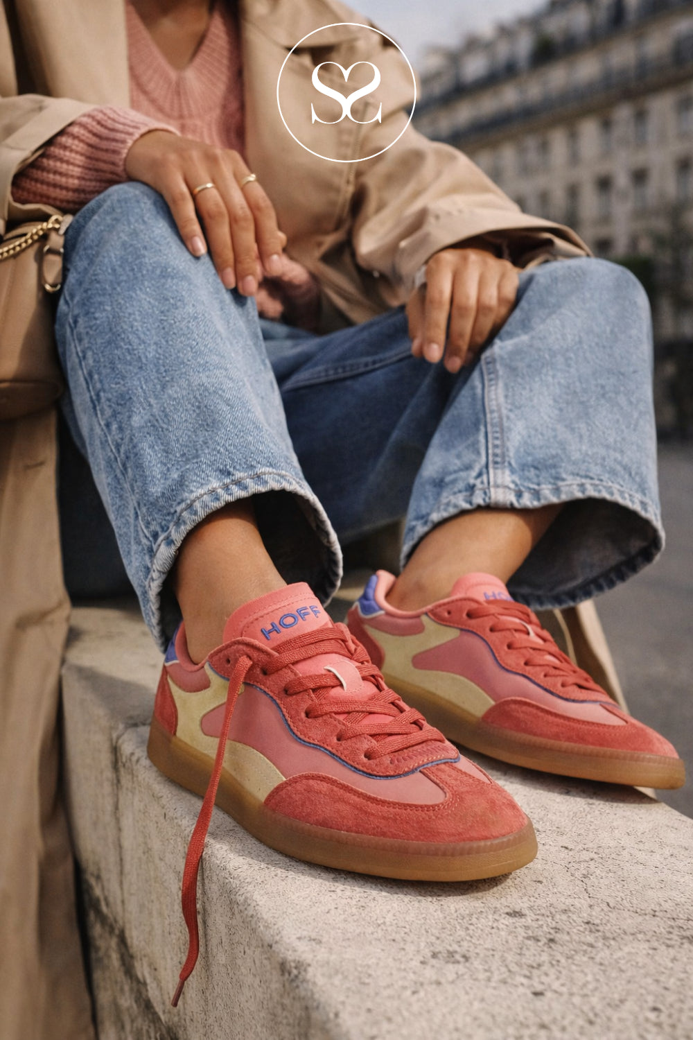 woman wearing hoff pink trainers - park