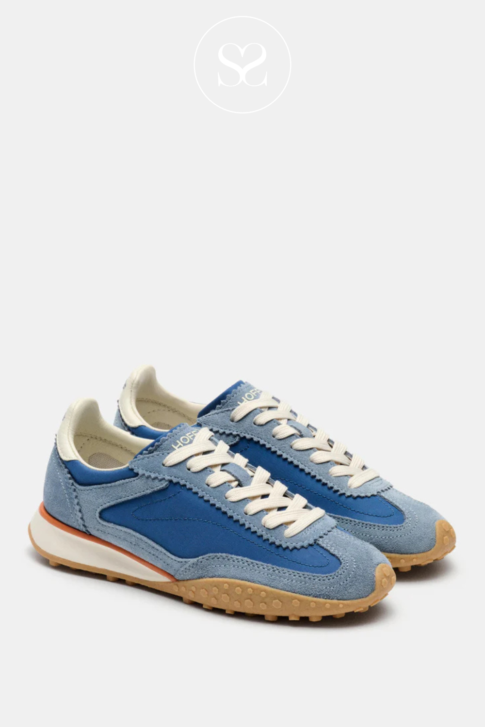 Hoff blue bridge mkii low profile trainers. Blue suede toe cap. Option of white or orange laces. Comfortable walking trainers.