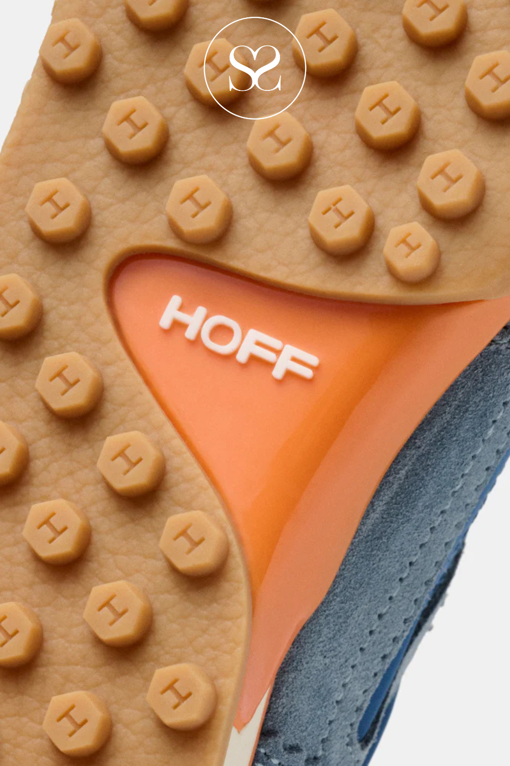 Hoff sneakers with two tone blue suede and fabric. White or orange laces and a gum sole. Memory sole footbed.