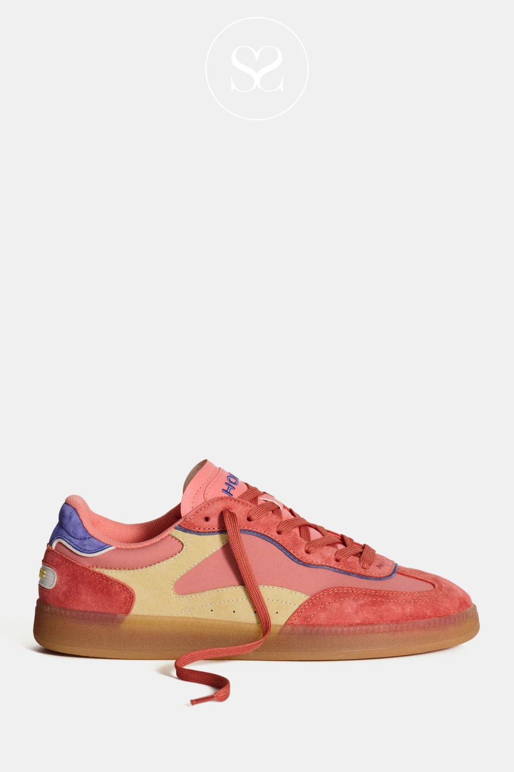 Hoff coral flat trainers with laces and memory foam insole. Colourful retro style fashion sneaker.