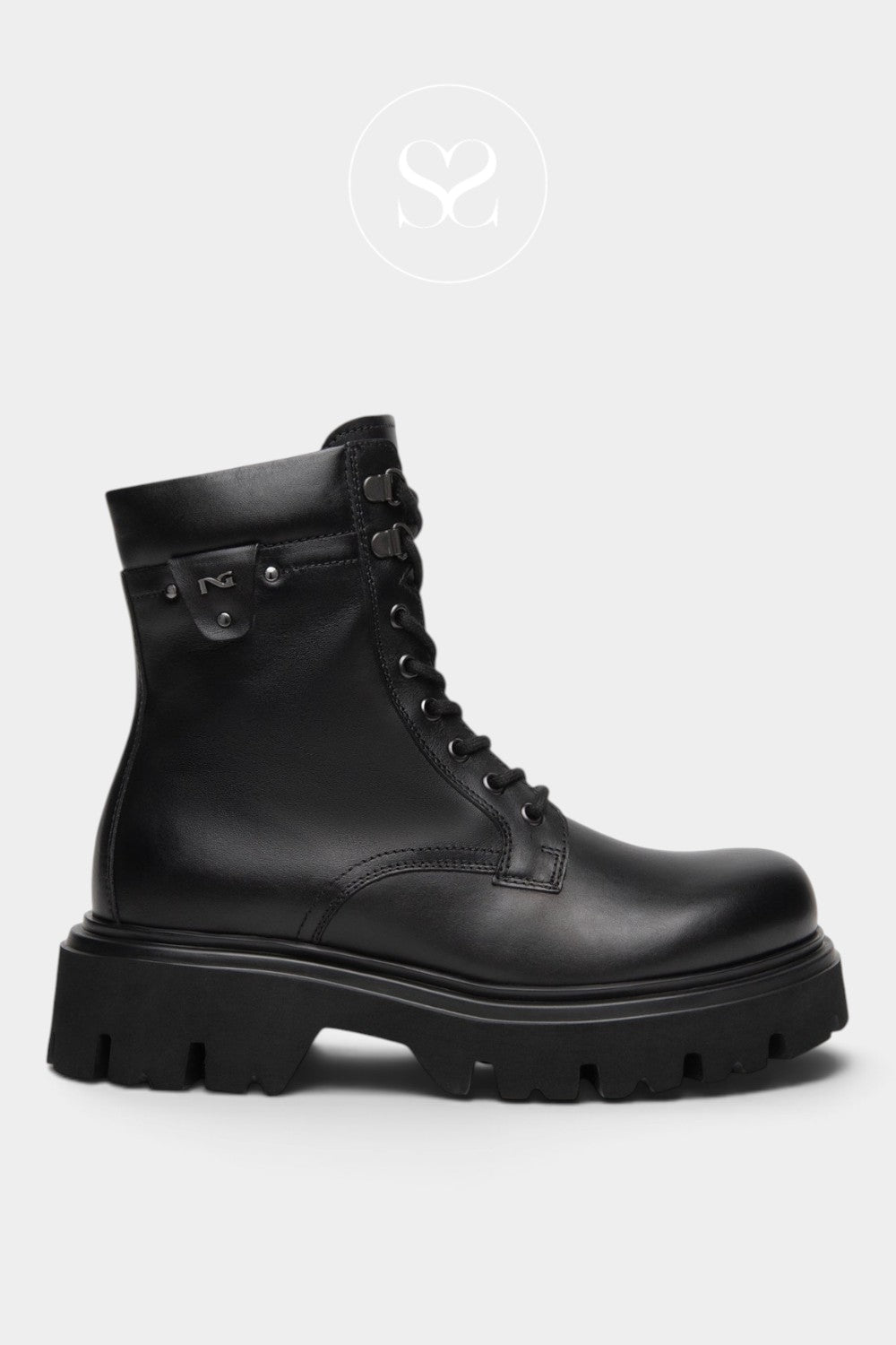 Nero Giardini black leather lace up biker boots with chunky sole and inside zip. 