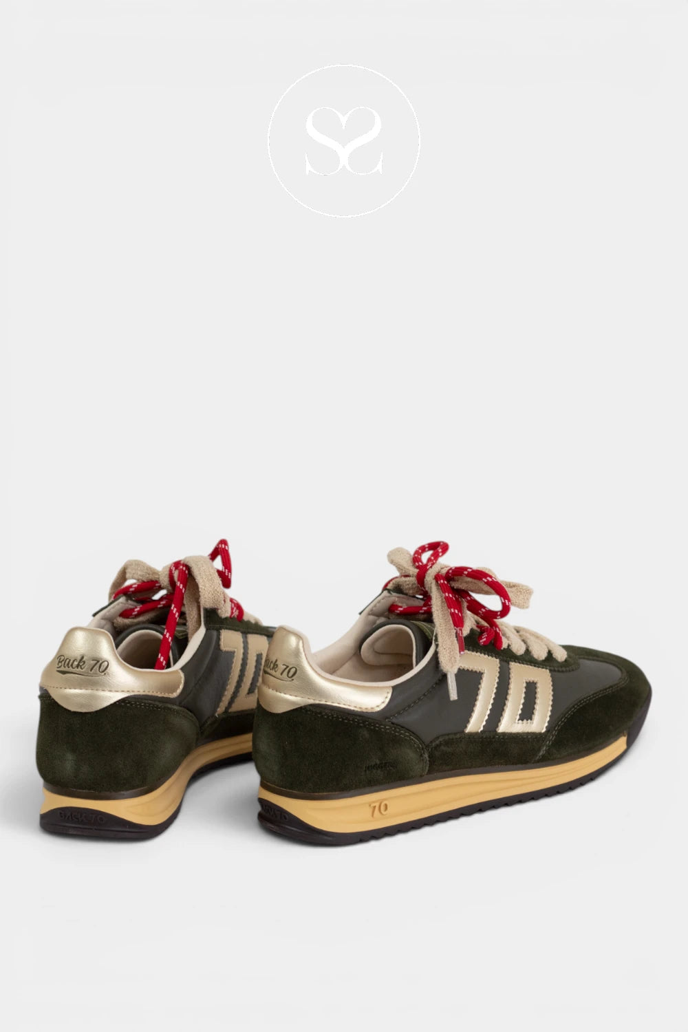 Back70 retro green and gold trainers with chunky beige sole and double laces in red and beige.