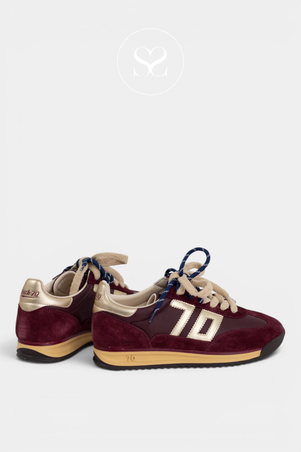 Burgundy retro trainers with comfortable chunky sole. Beige and blue laces