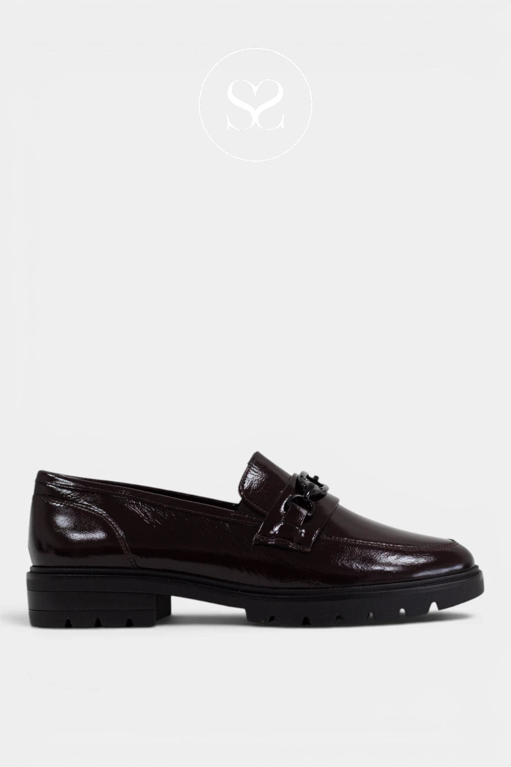 ARA burgundy patent slip on chunky loafers with black chain across the foot