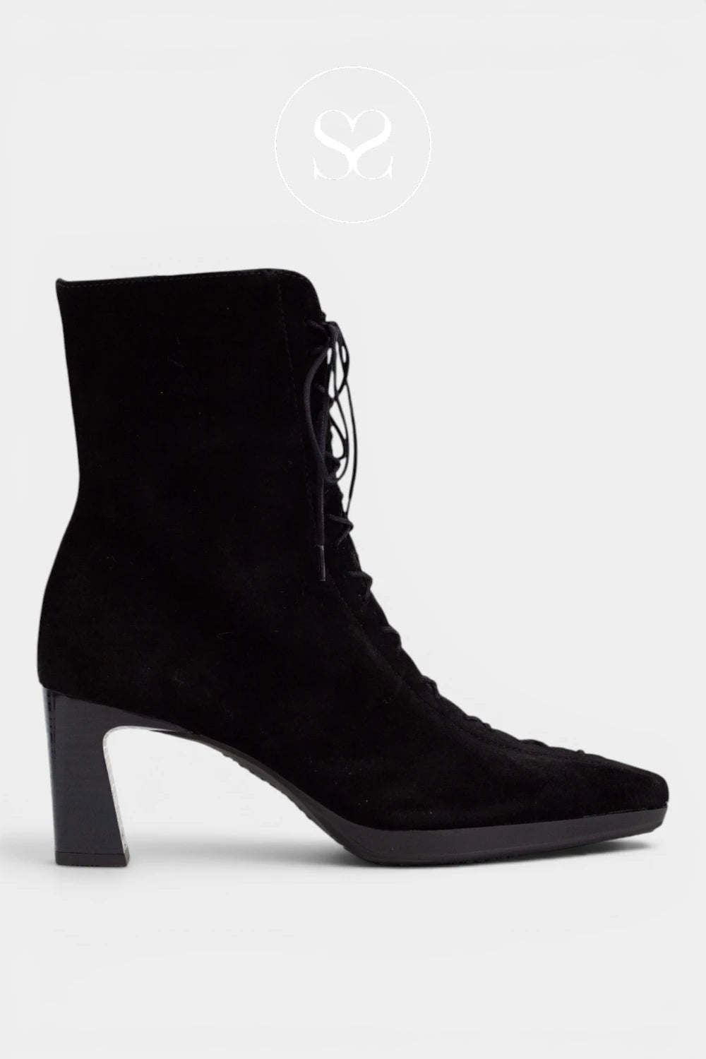 Hispanitas black suede pointed toe lace up ankle boots with flared block heel and platform sole. Also has inside zip.
