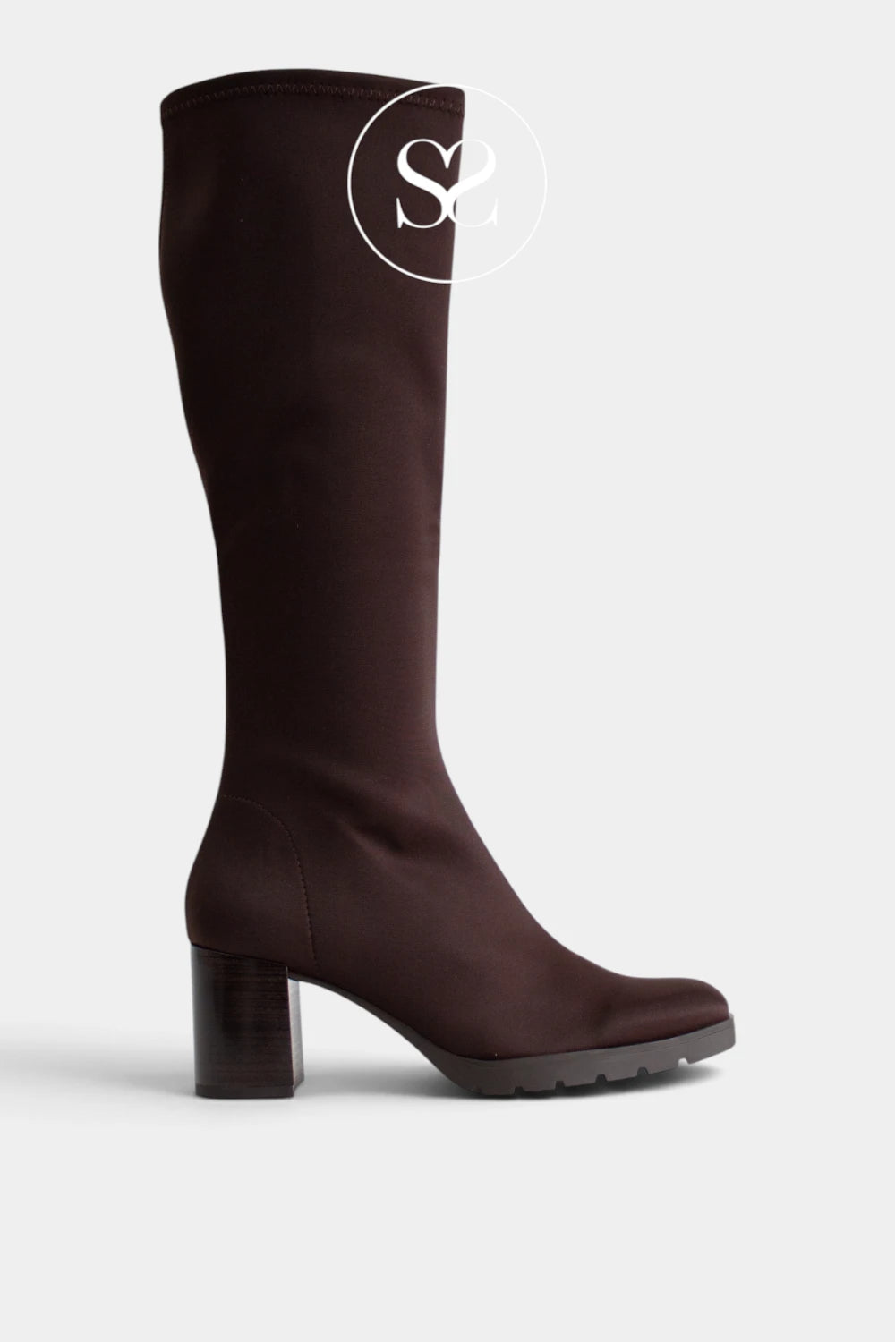 A dark brown knee-high boot with a chunky block heel, shown in profile against a light gray background. A white circular logo with 'Shaneil shoes' is visible near the top.